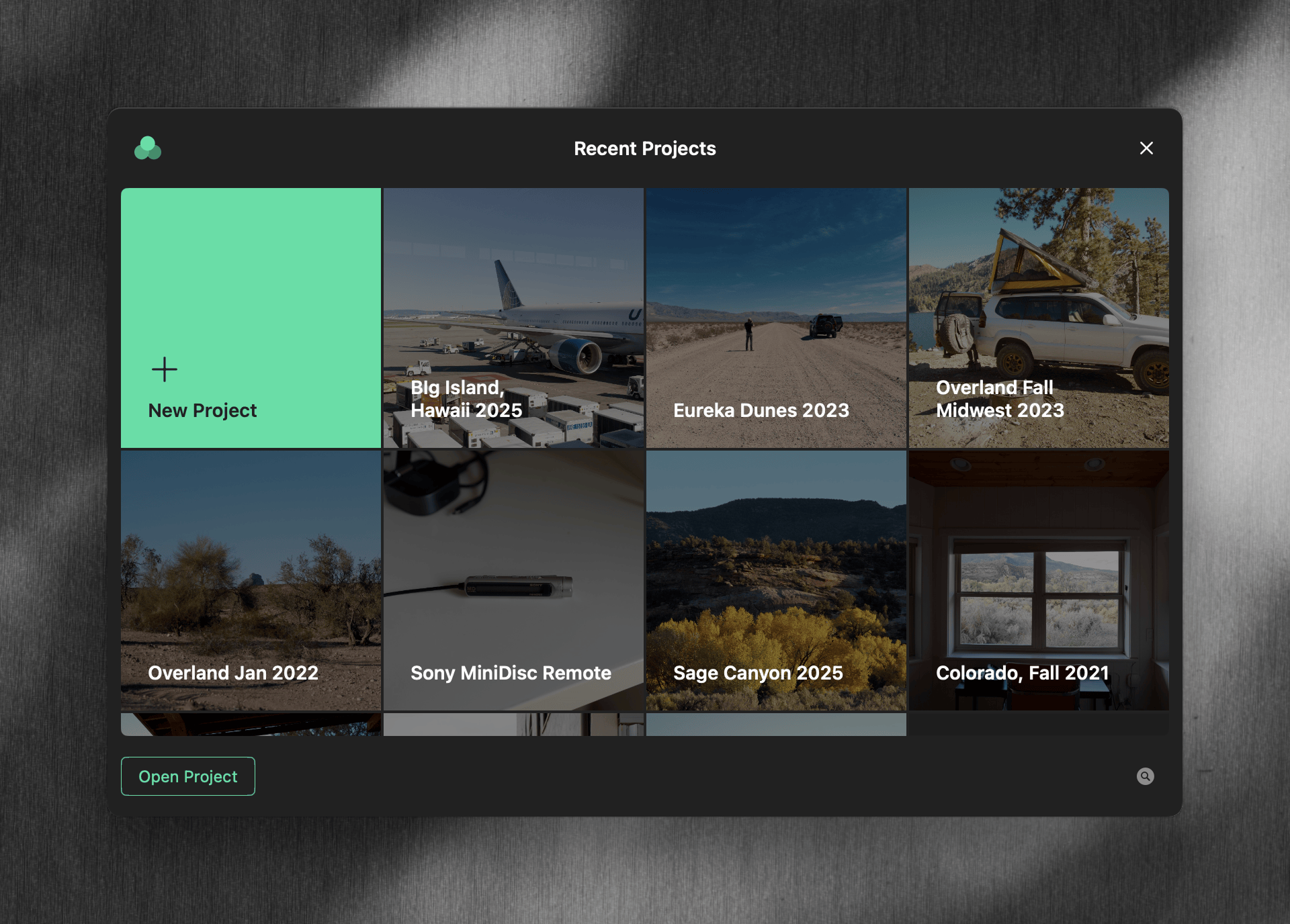 Projects window displaying a list of projects with thumbnails