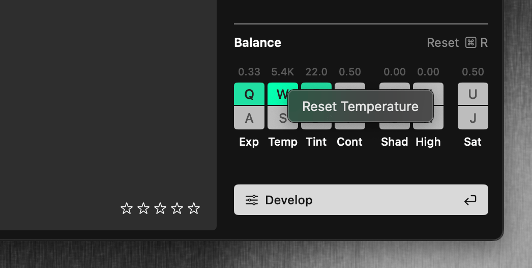 Context menu showing the Reset option for Balance tool controls