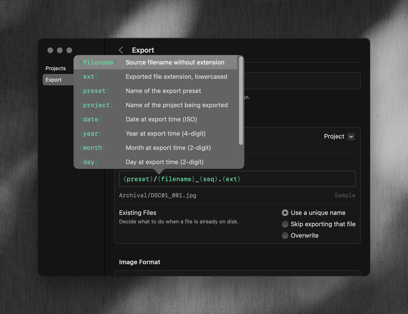 Naming Pattern field showing available tokens like {date}, {filename}, and {preset} for customizing file and folder names