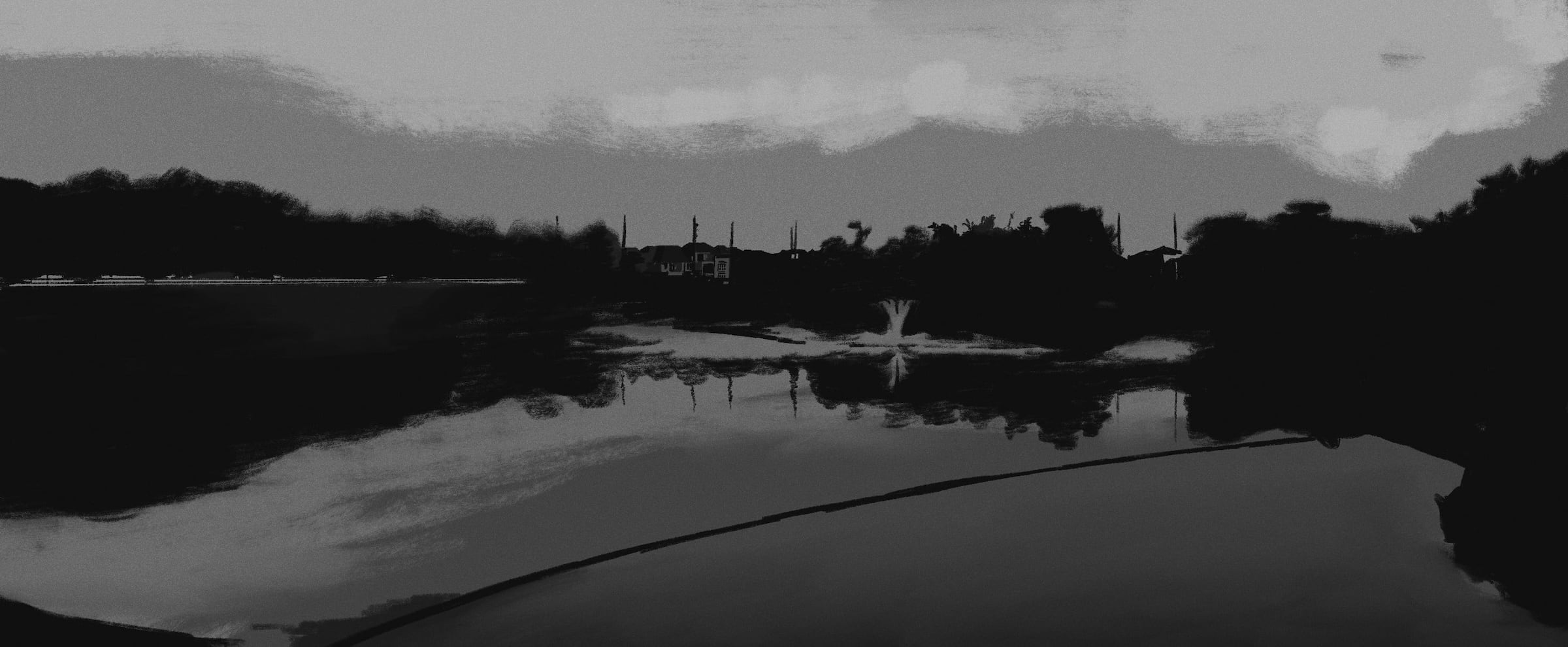 A black & white drawing of a beach and house.